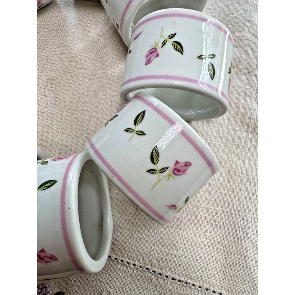9 Porcelain Rose Napkin Rings Green / Pink, Andre Richard, Grandma Cottage Core - Picture 10 of 16